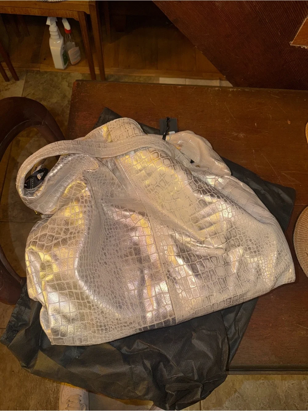Metallic Croc-Embossed Tote Bag in Silver